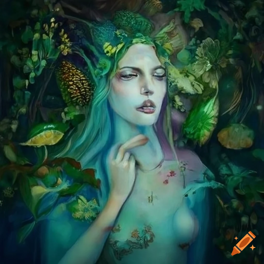 Ethereal painting of a mythical nettle goddess with vibrant flora