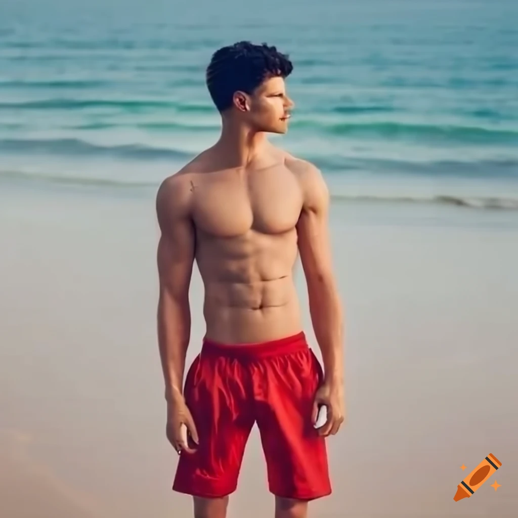 Muscular young man in red shorts on the beach on Craiyon
