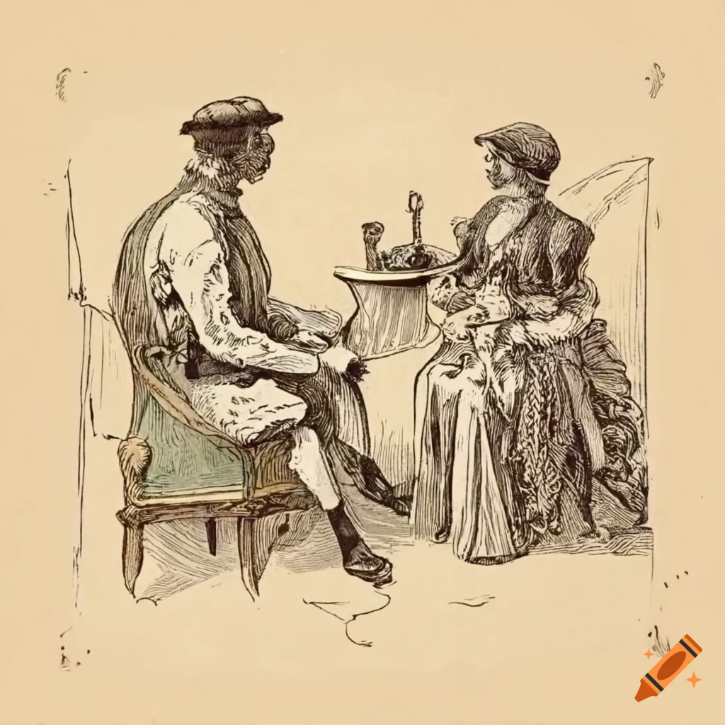 Goat man and Victorian woman having tea together