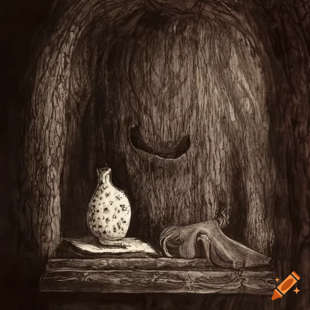 Edward Gorey drawing of a strange flower in a unique vase with a fireplace in the background