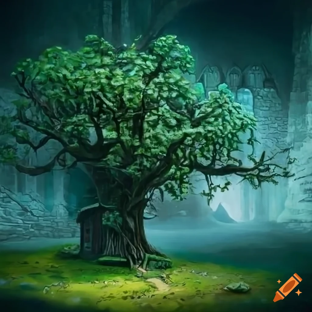 Enchanted lime tree in a medieval village square painted in botanical style