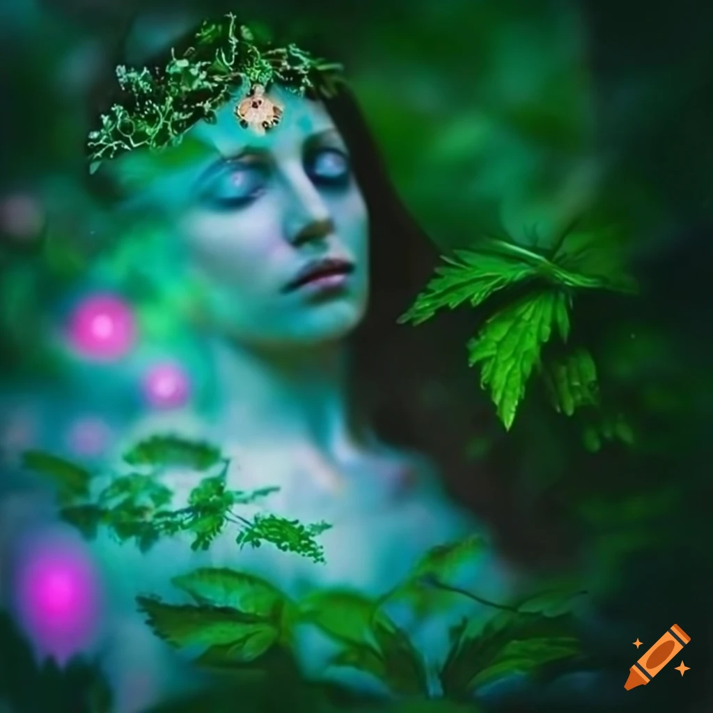 Ethereal painting of a magical nettle goddess among enchanted flora