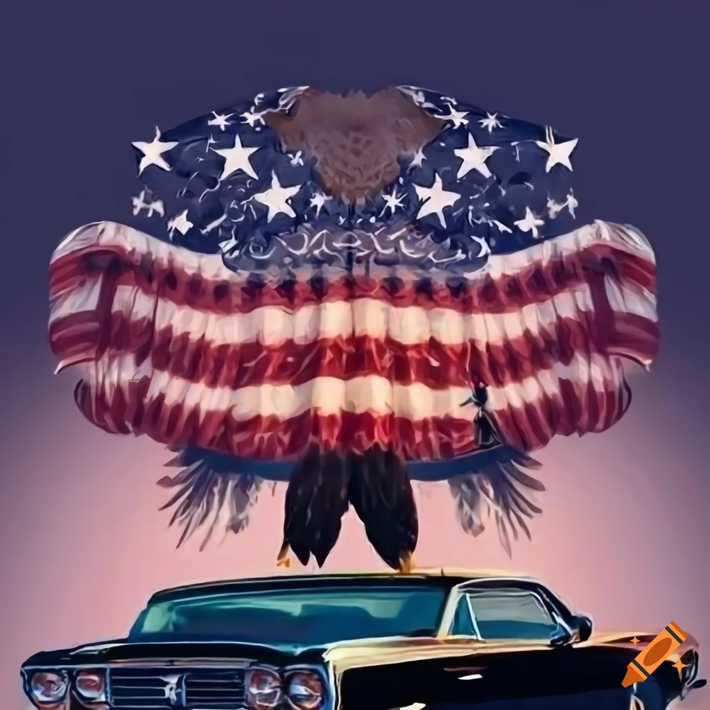 Patriotic American muscle car with a bald eagle in the background
