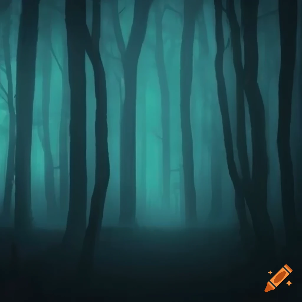 Misty forest at night with dark trees and eerie background music