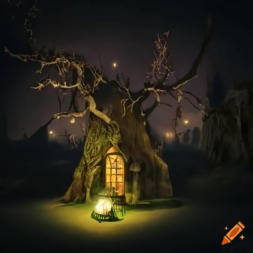 Enchanted lime tree in medieval village square illuminated by lanterns