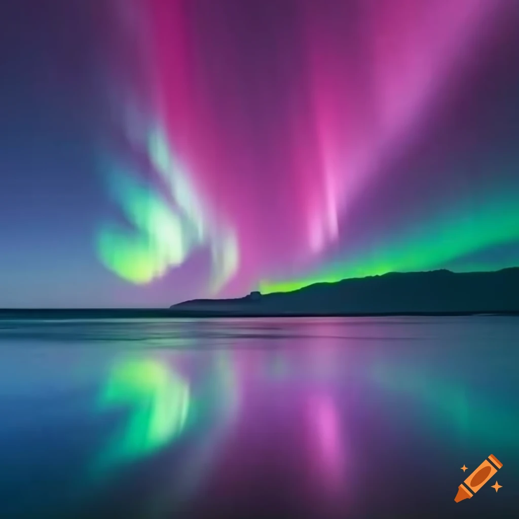 Pink and blue aurora lights over a clear ocean and small island
