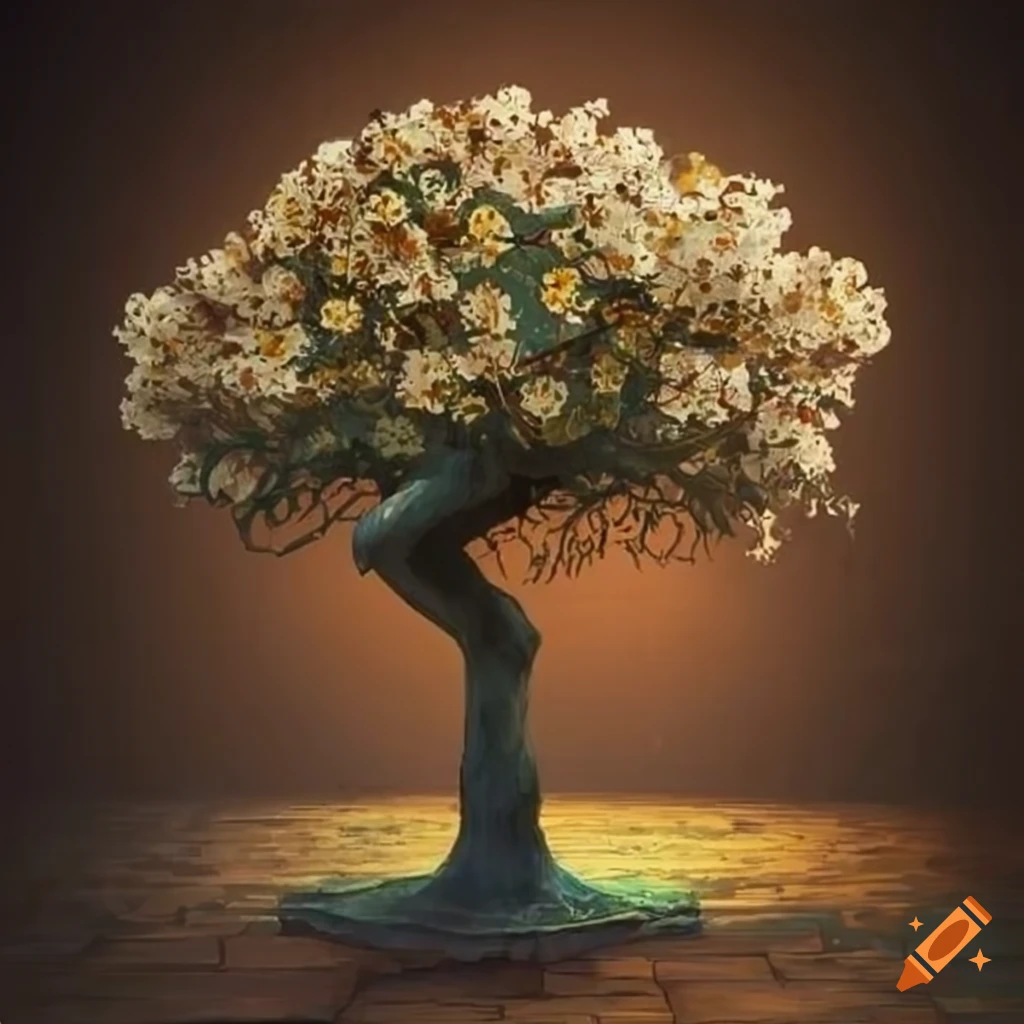 Full blossom lime tree on medieval market place in botanical medieval style