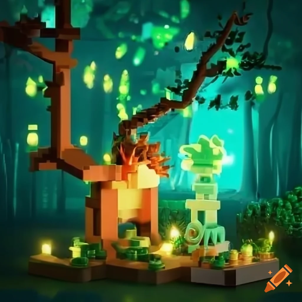 Magical forest with glowing plants and mythical creatures featuring lego characters