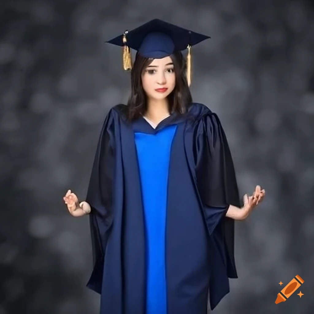 Navy blue dress under black graduation robe with blue hood on Craiyon