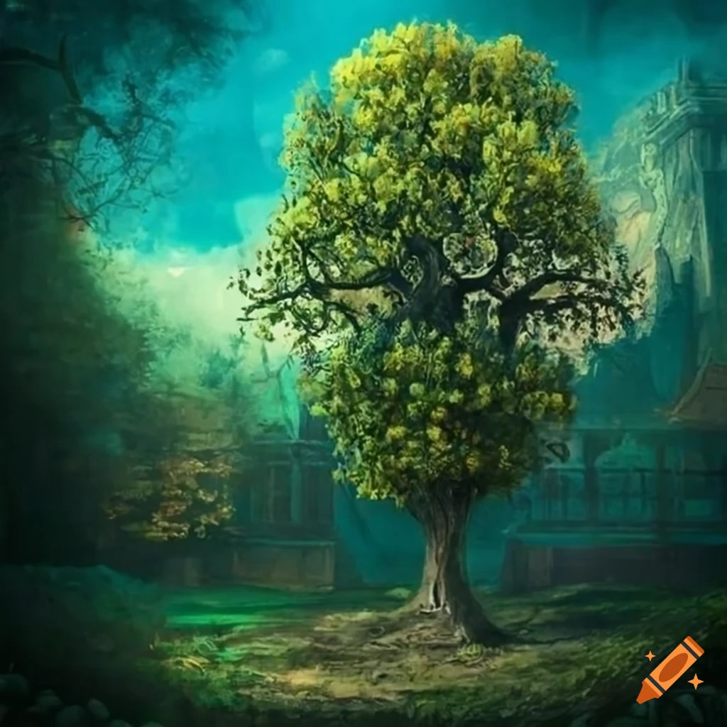 Enchanted lime tree in a medieval village square painted in botanical style