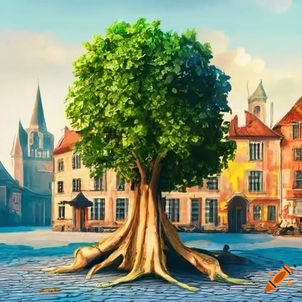 Highly detailed lime tree in a medieval market painted in botanical style