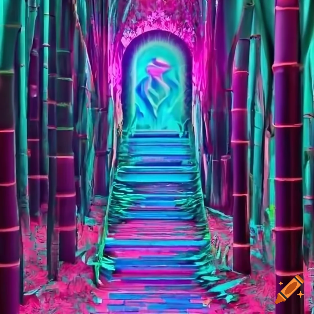 Stairs entrance to a mystical psychedelic party hidden in a neon bamboo forest