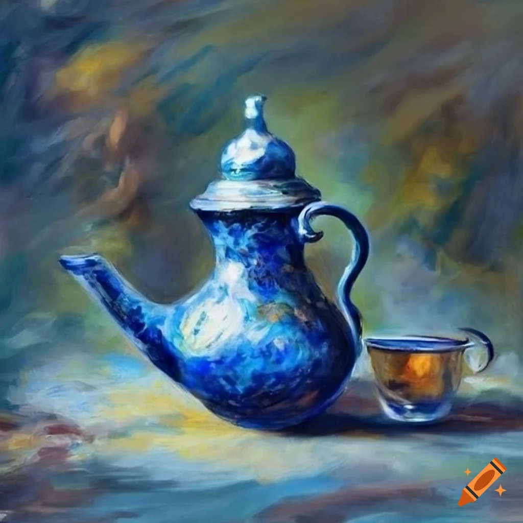 Blue Moroccan tea set with mint leaves and fuming tea glasses in Renoir style painting