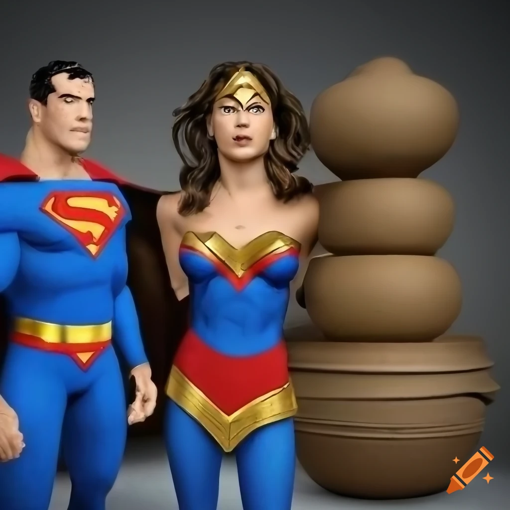 Superman and Wonder Woman doing pottery together