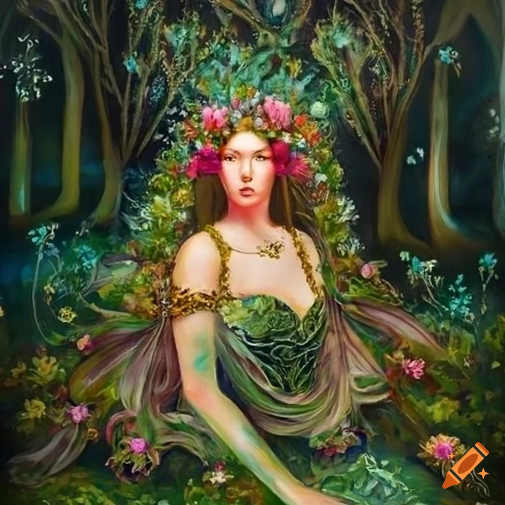 Ethereal painting of a mythical nettle goddess with vibrant flora