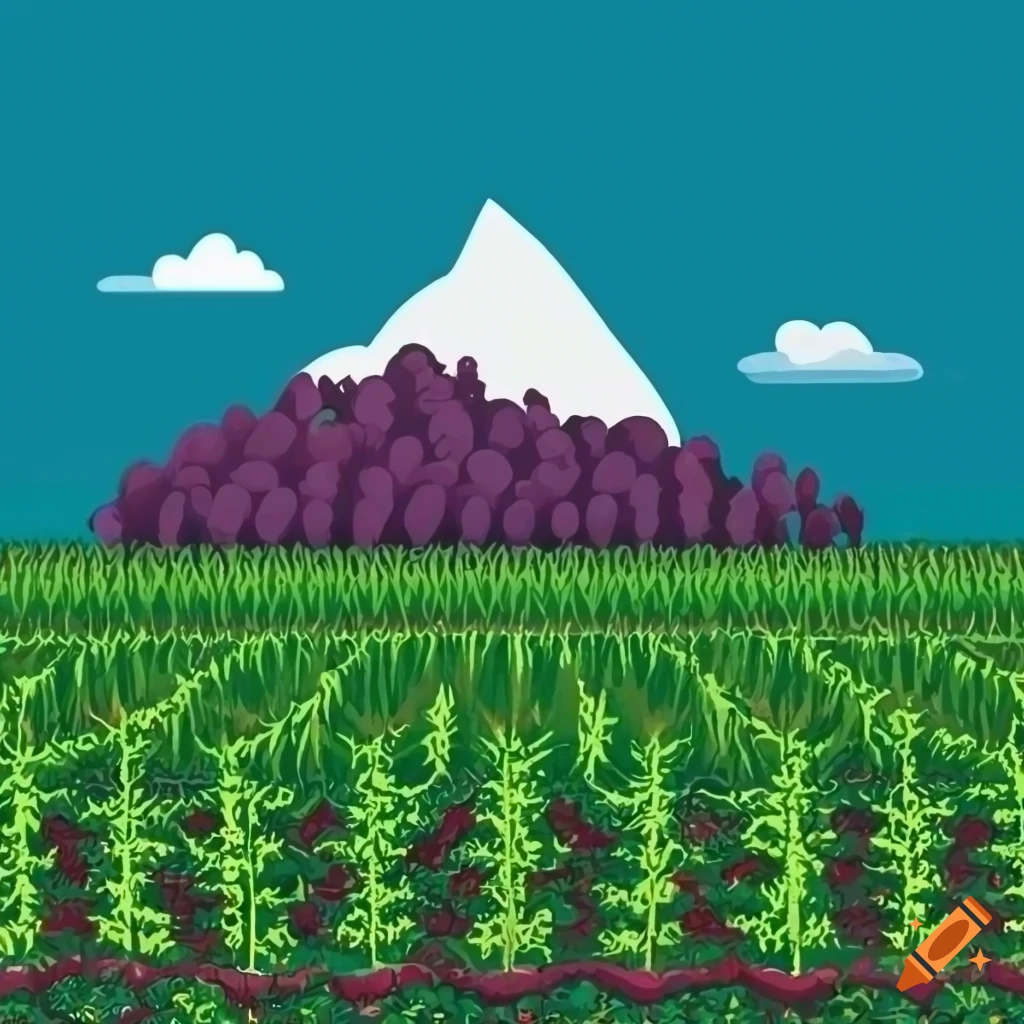 Medieval art with green and purple grapevines in rows and mountains in the background