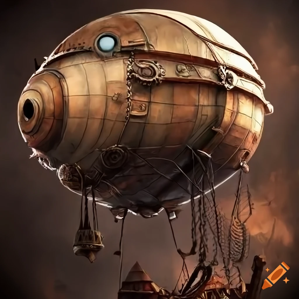 Steampunk dystopian airship with nautical cabin and rowdy pirates
