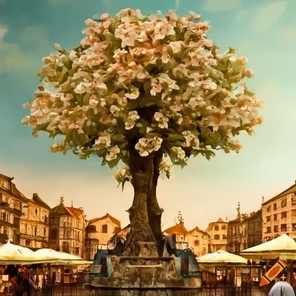 Full blossom lime tree on medieval market place in botanical medieval style