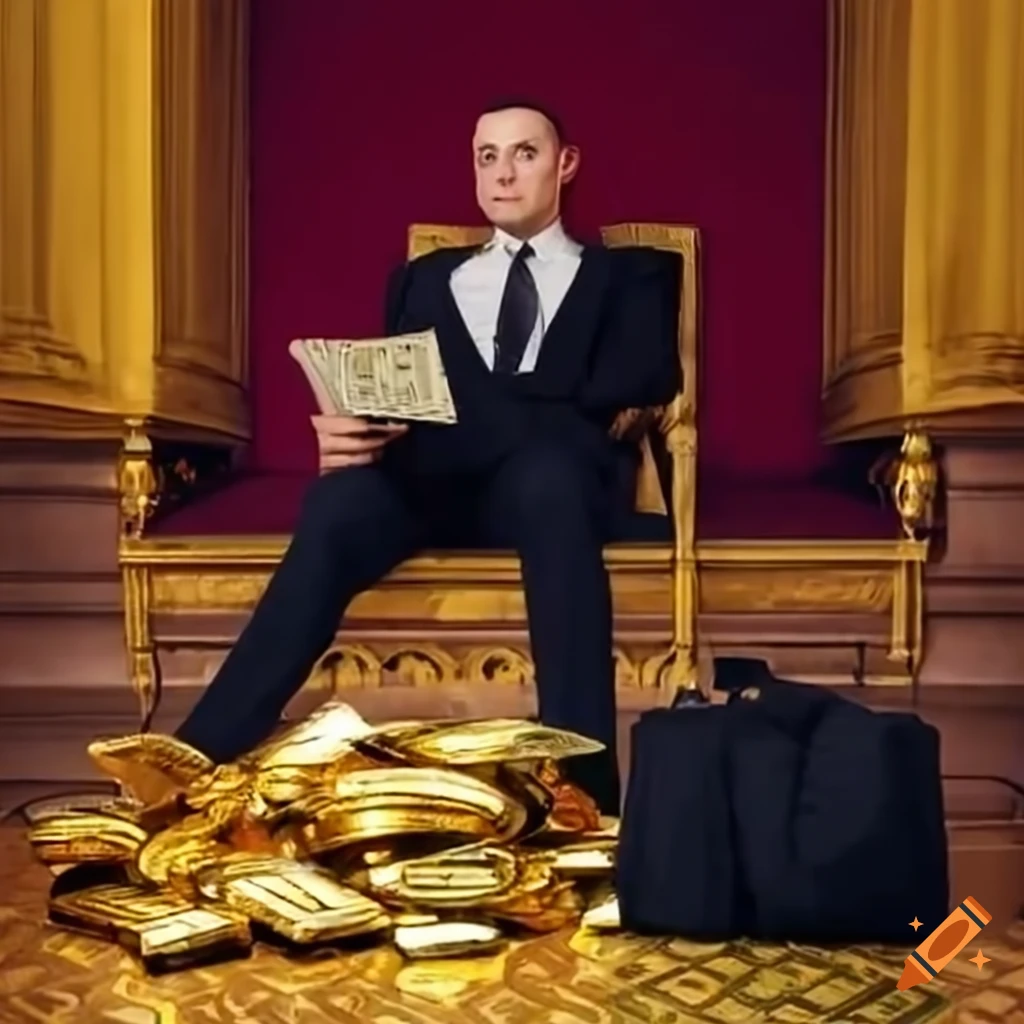 Wealthy man surrounded by money and gold items in a castle