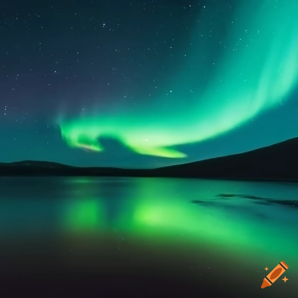 Green and blue aurora in the sky with island surrounded by water