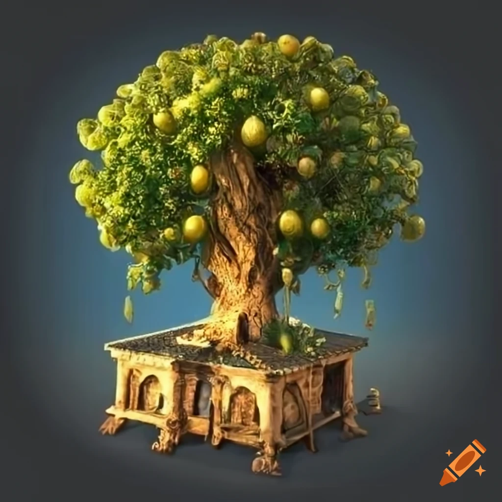 Highly detailed lime tree in a medieval market painted in botanical style