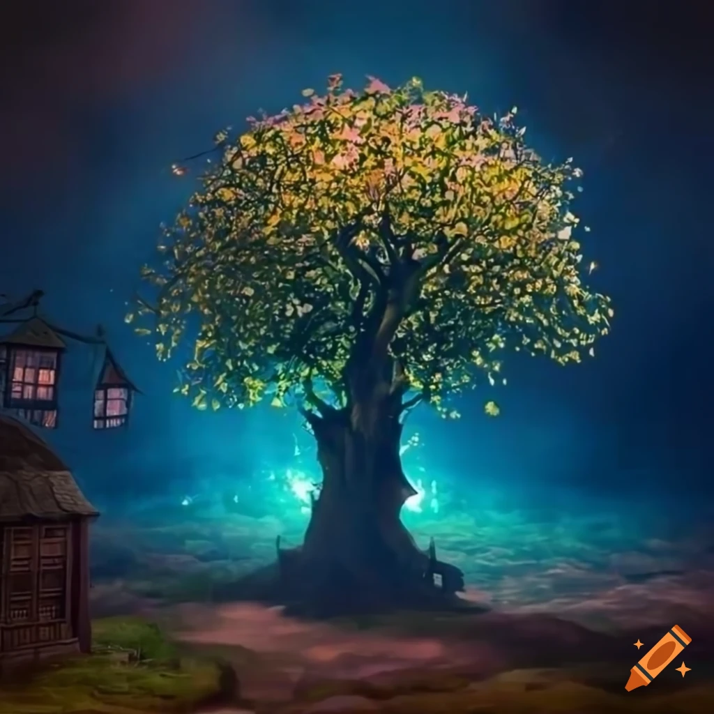 Enchanted lime tree in medieval village square illuminated by lanterns