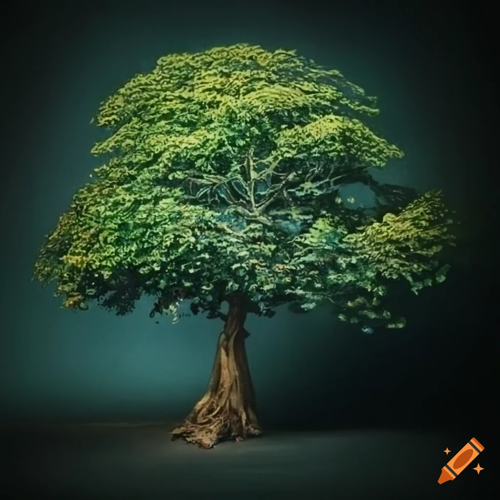 High detailed lime tree on medieval cottage in botanical book style