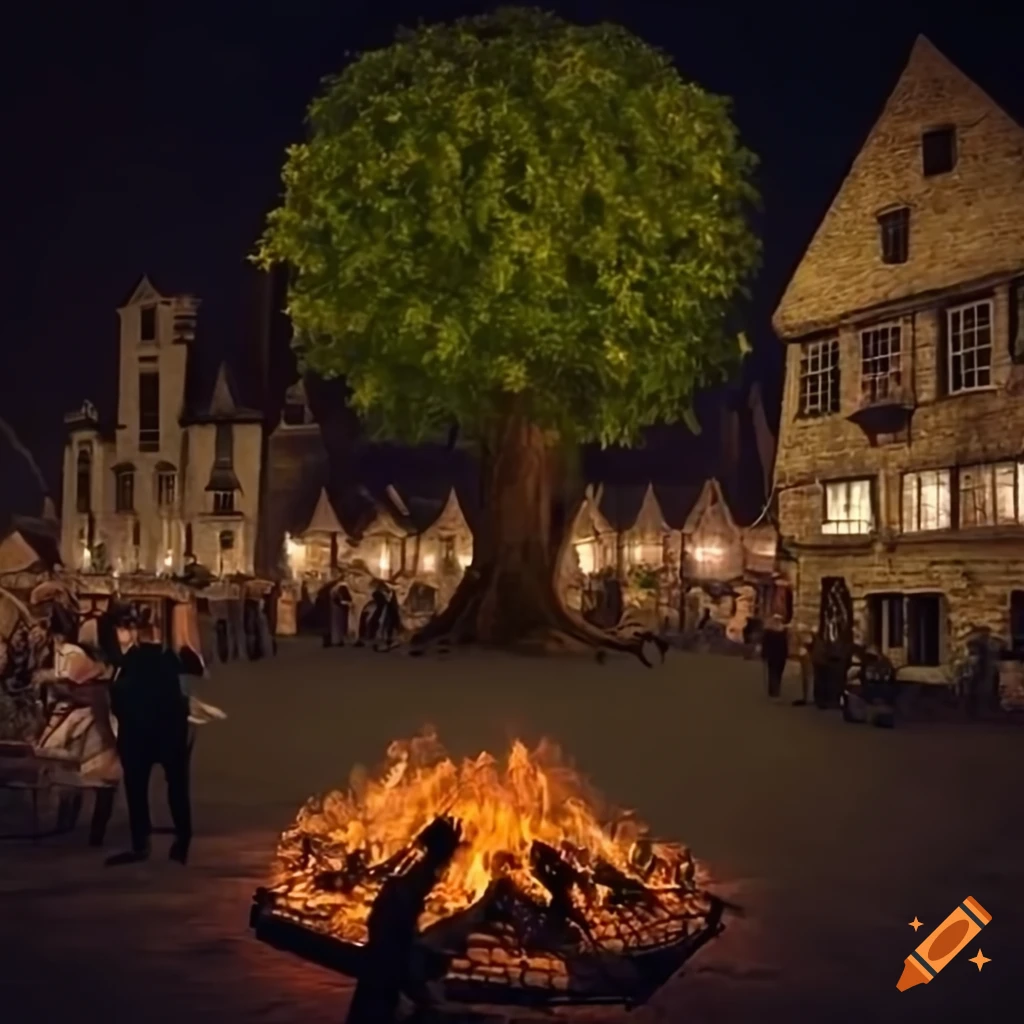 Lime tree with dancing people at night in a medieval market place painted in botanical style