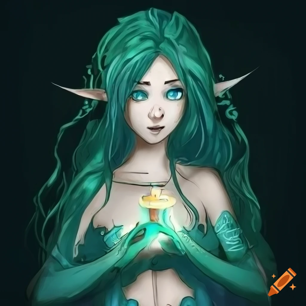 Stylized emblem of a young elf siren with green hair holding a candle in doodle style