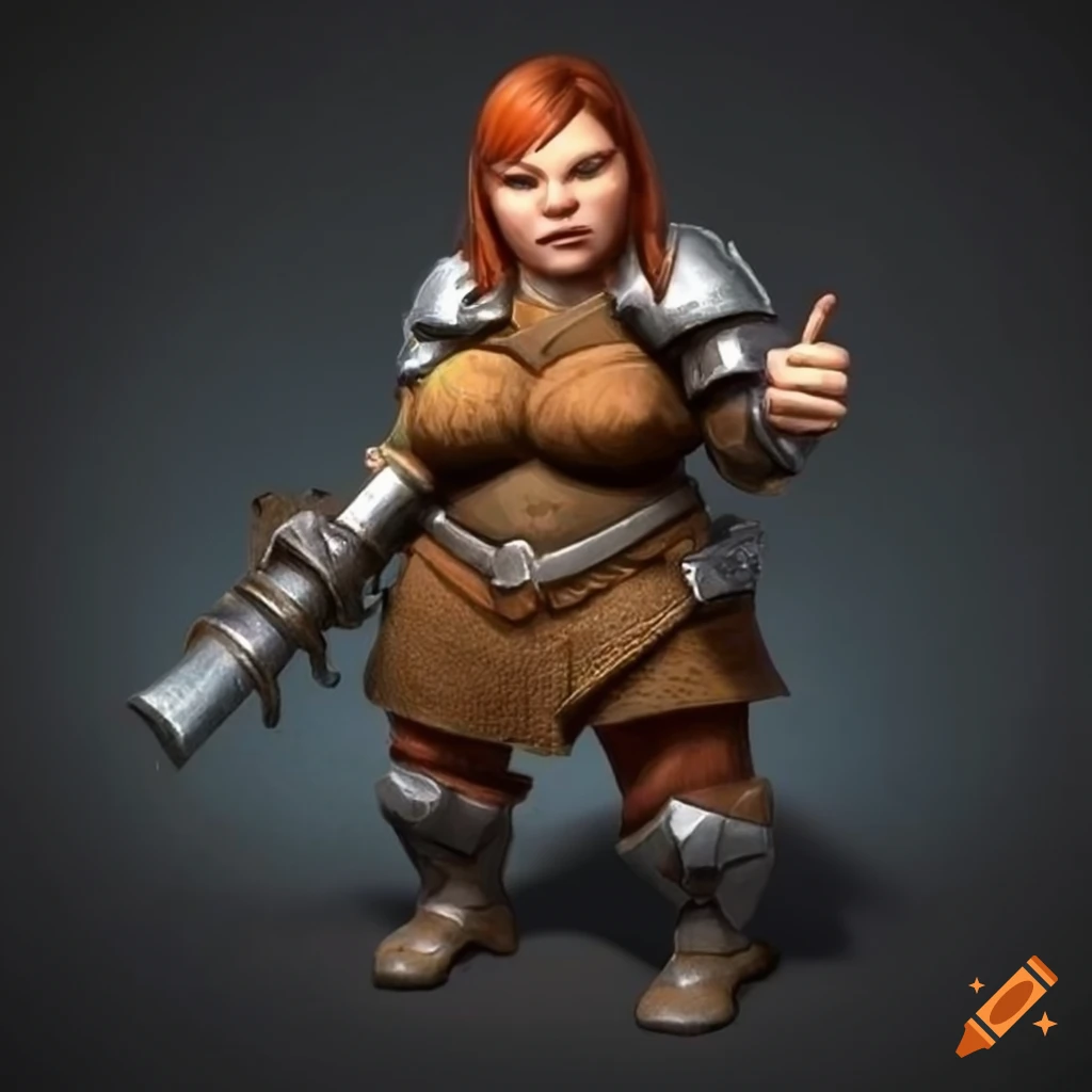 Female dwarf in armor with shield and gun