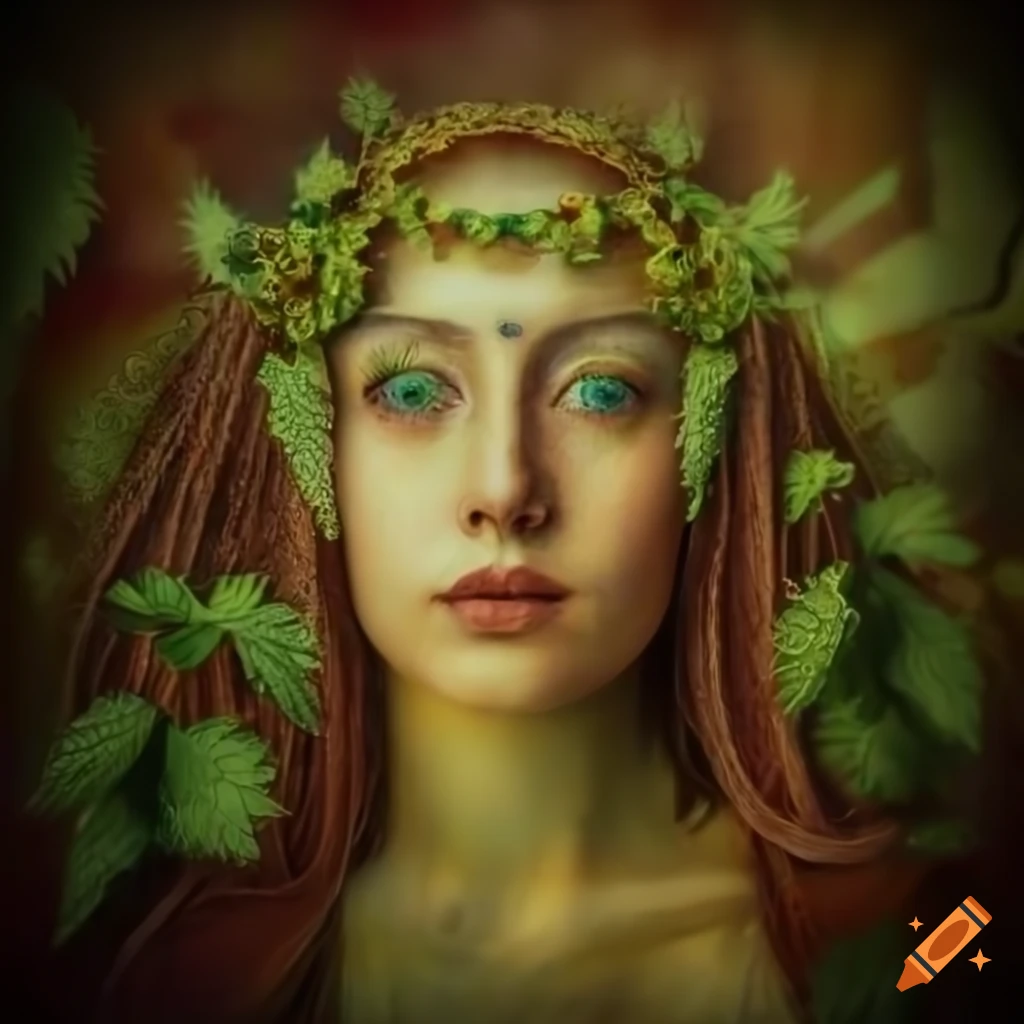 Colorful nettle goddess painting in medieval style on nettle background