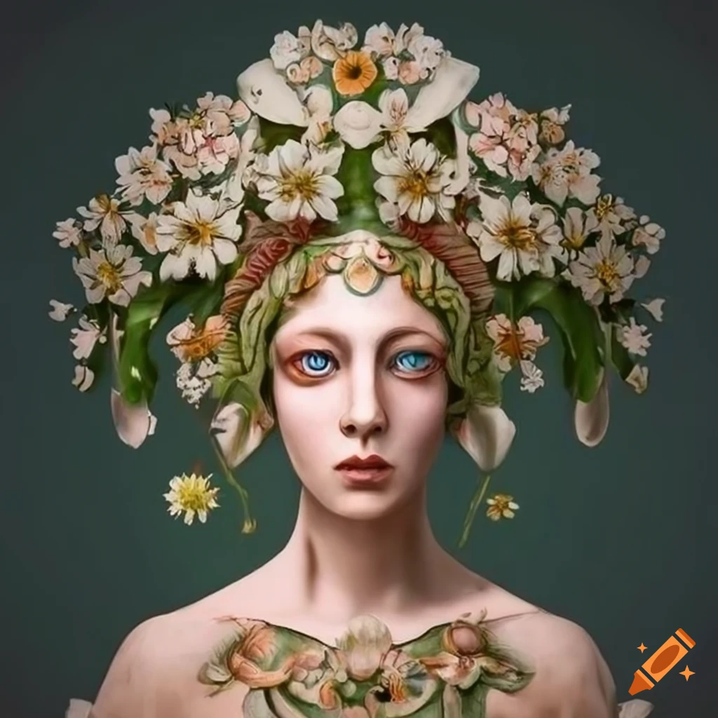 Detailed lime tree blossom goddess in botanical medieval style