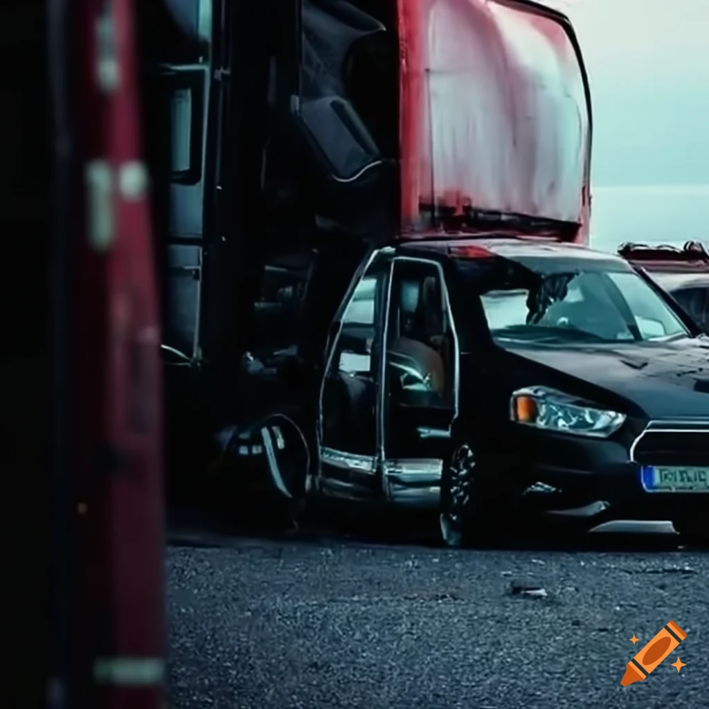 Family car damaged by big trucks in a Swedish airport parking lot
