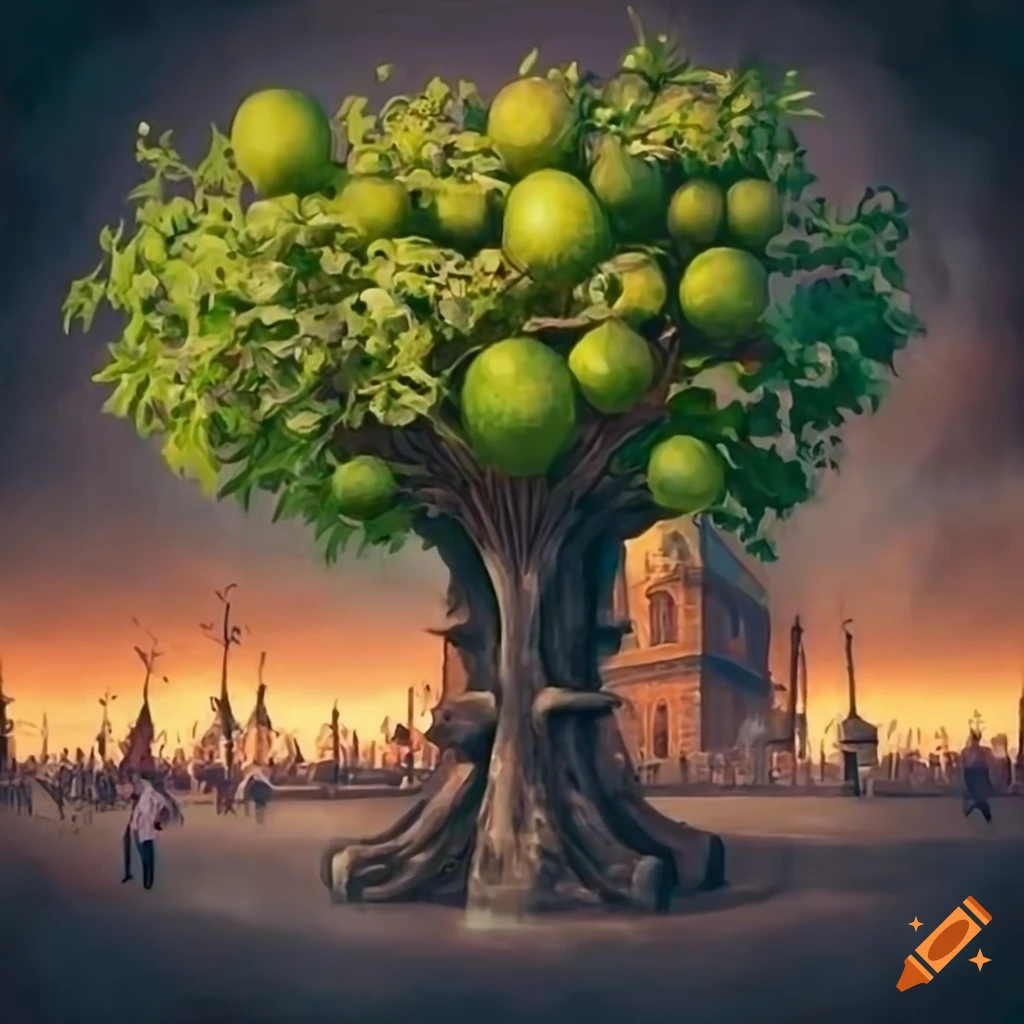Lime tree and people dancing in a botanical medieval style market place