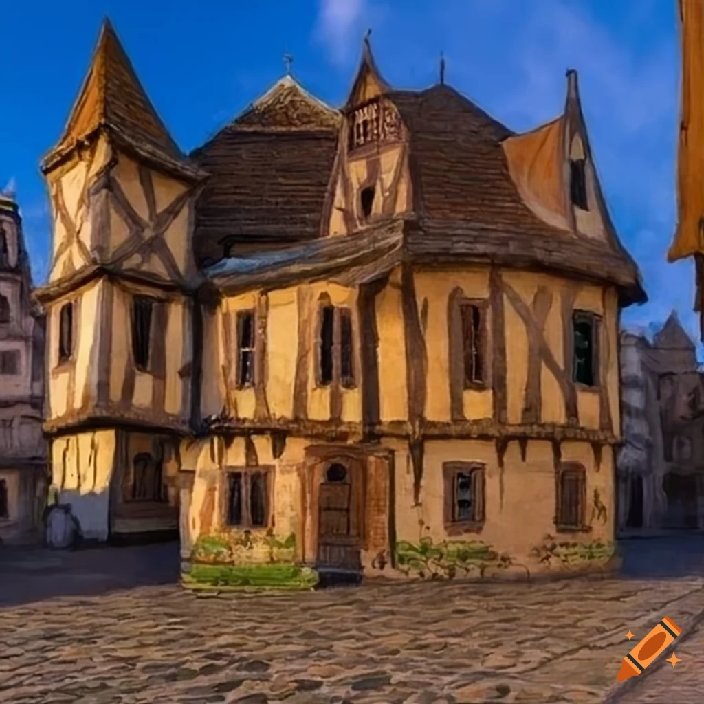 High detailed lime tree house on medieval market place in botanical medieval style