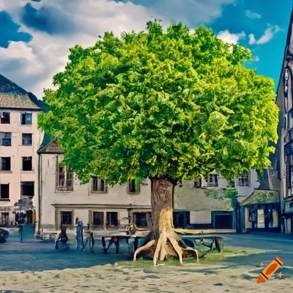 Detailed lime tree on a medieval market in botanical style
