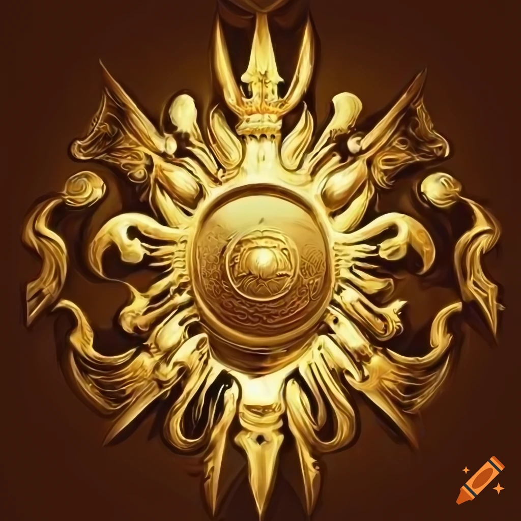 Coat of arms with sun and sword in golden shades