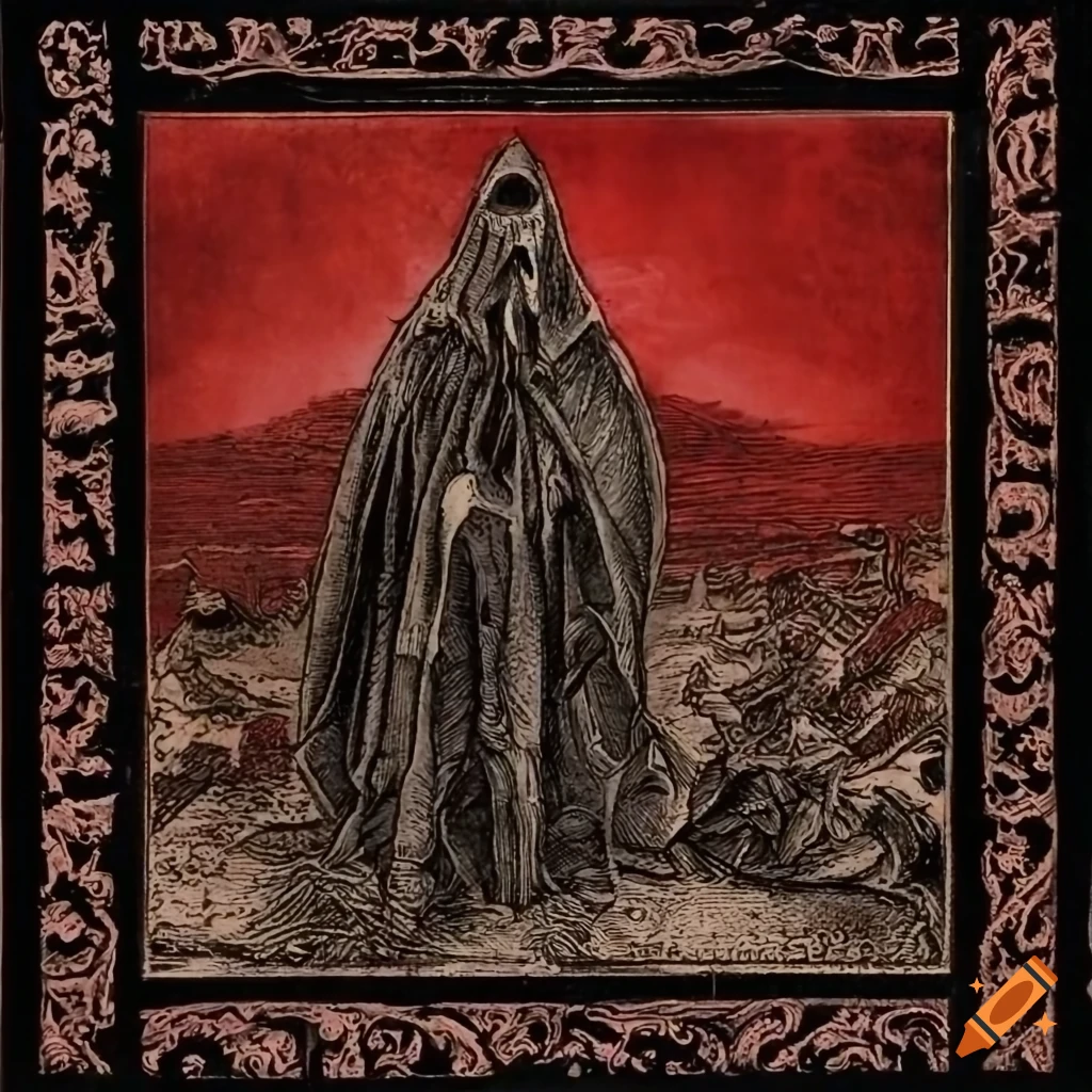 Medieval etching with a 1980s heavy metal album cover style featuring cloaked figures with visible skulls and swords