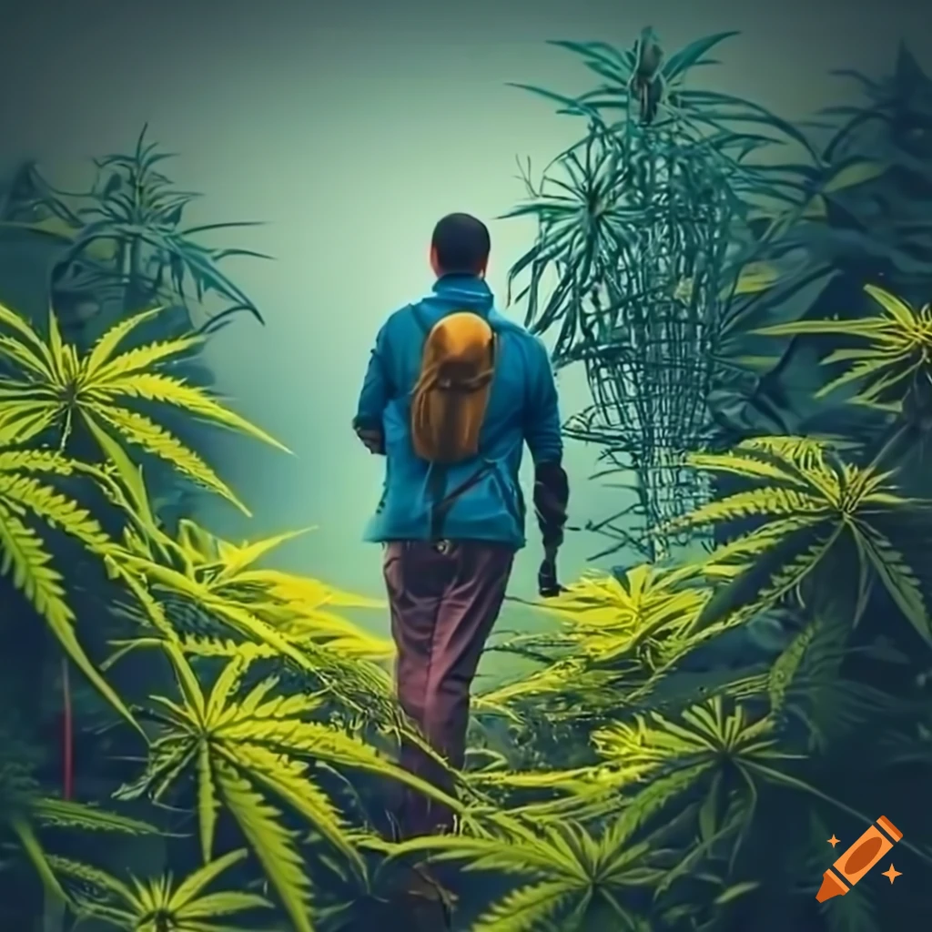 Male disc golfer with disc golf backpack and joint in a cannabis field