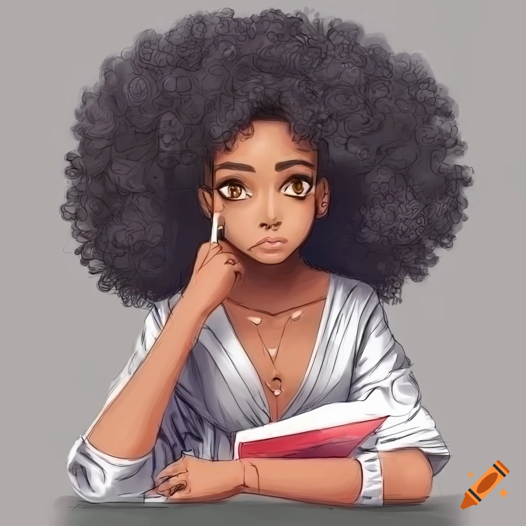 Black Woman With Afro Studying At Desk In A Pawn Shop Illustration On black-woman-with-afro-studying-at-desk-in-a-pawn-shop-illustration-on
