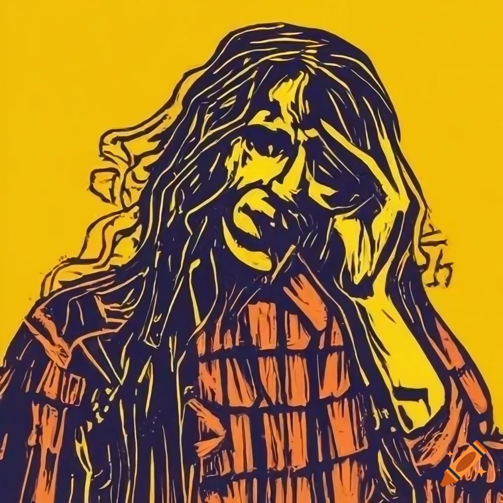 Young male rocker headbanging with guitar in a grunge-inspired linocut