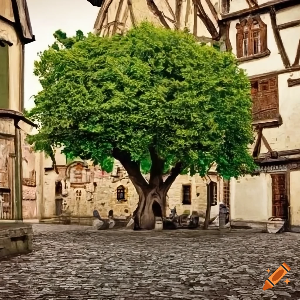 Detailed lime tree on a medieval market in botanical style