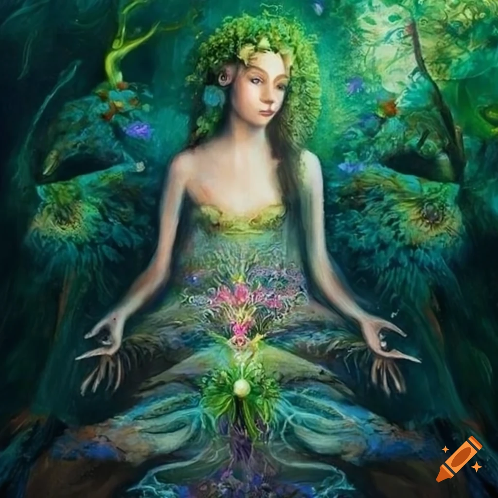 Ethereal painting of a mythical nettle goddess with vibrant flora