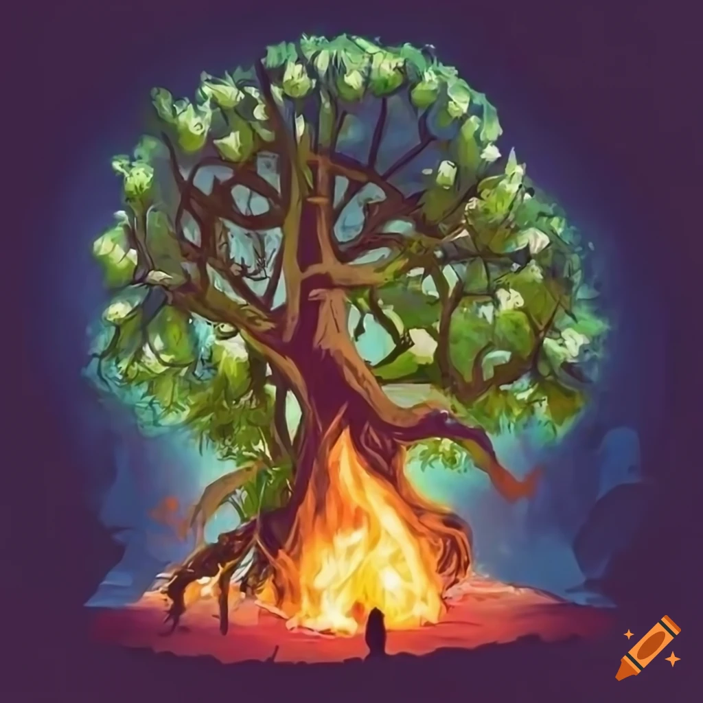 Lime tree with dancing people around bonfire on medieval market place in botanical medieval style