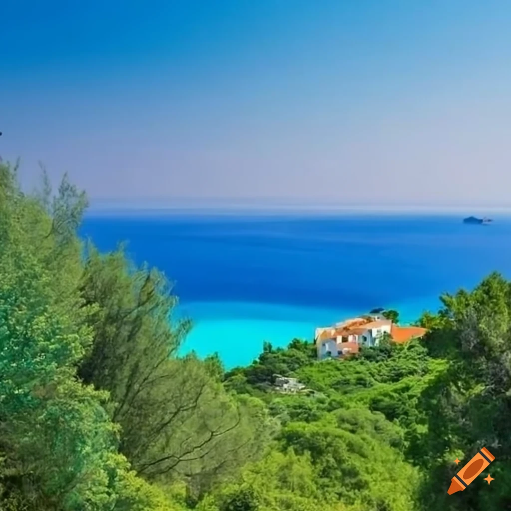 Greek island with ocean view from green hills under sunny weather