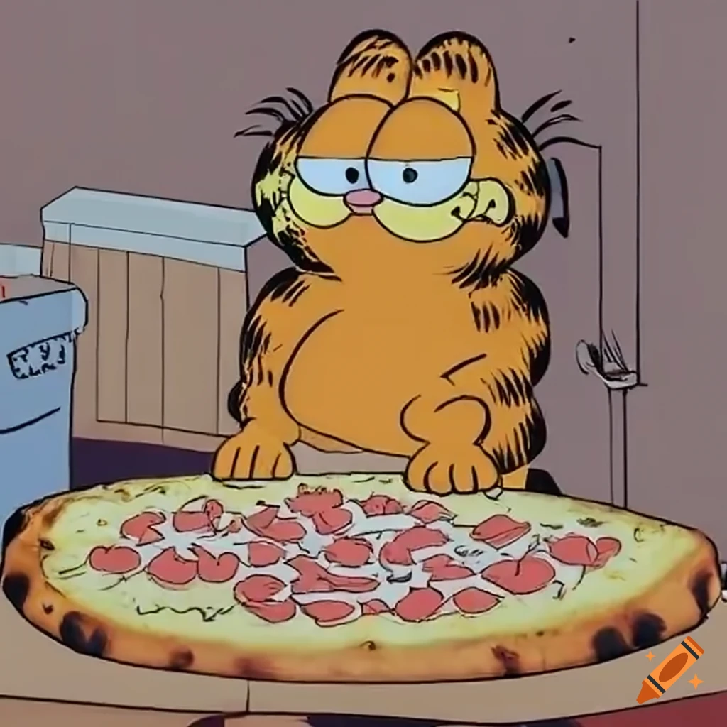 Garfield with a mustache enjoying a huge pizza on Craiyon, image size:1024x1024