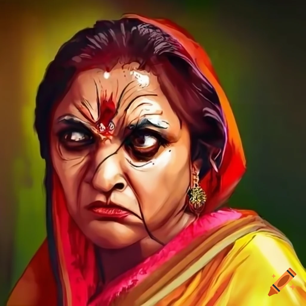 Middle-aged lady in a sari looking angry