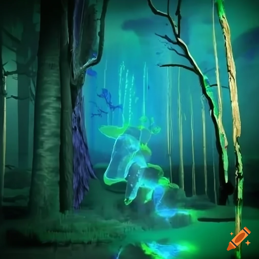 Biopunk paradise with glowing bioluminescent trees in a surreal forest