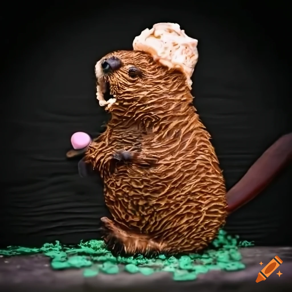 Macro photograph of a beaver made from buttons eating ice cream on Craiyon