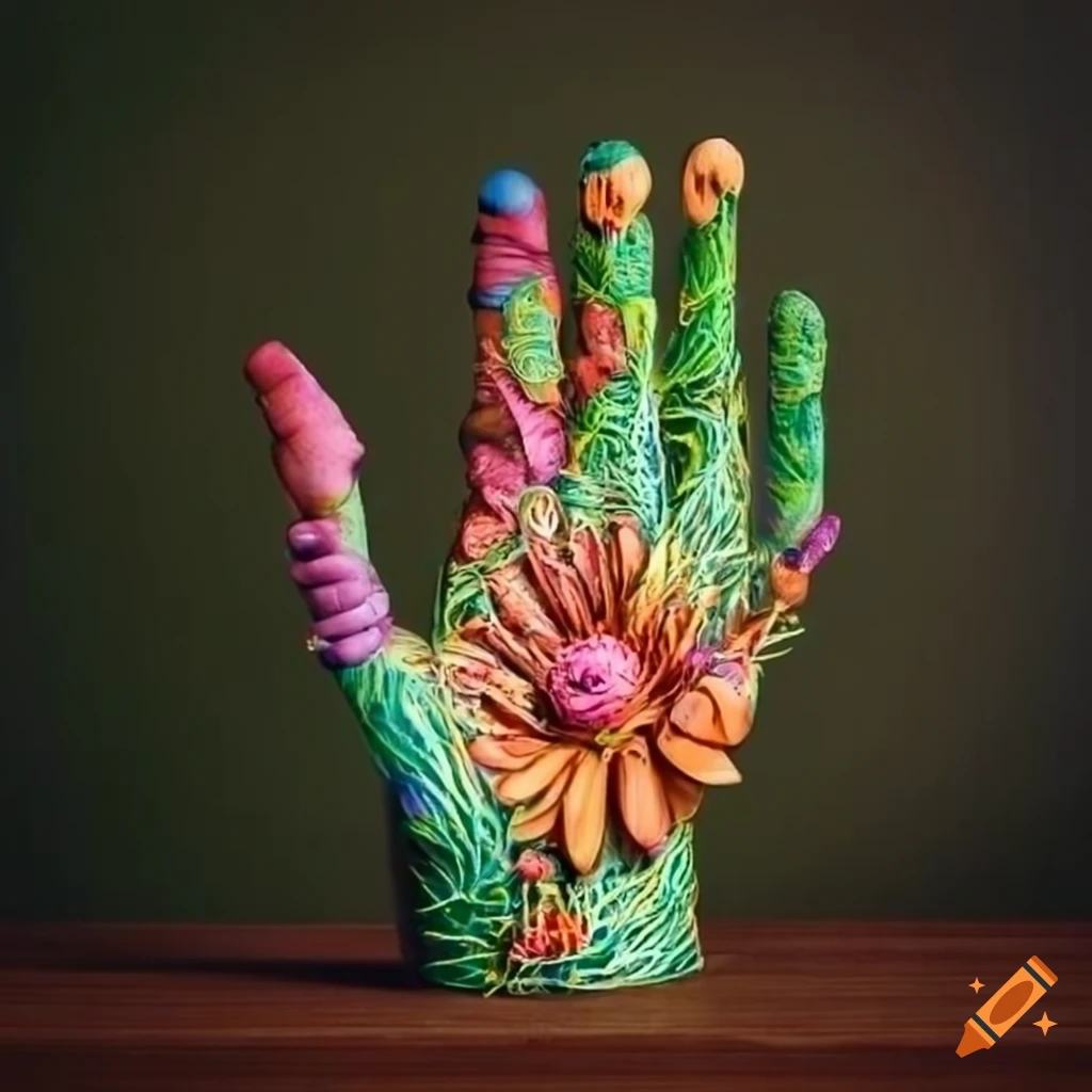Intricately crafted hand sculpture made of green and colorful flowers ...